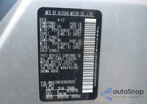 2012 Infiniti Qx56 from USA, damaged, VIN JN8AZ2NE5C9020033